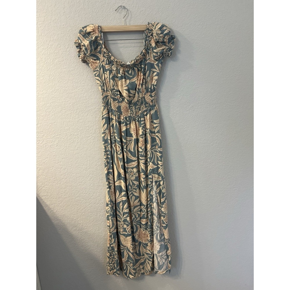 Patrons of Peace XS Floral Print Off Shoulder Maxi Dress Teal Beige